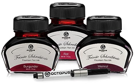 Octopus Schreibtinte Burgunder, Rot, Weinrot, Füllhaltertinte im Tintenglas mit Konverter, Geschenkset Schreibtinte für Füller und Feder, Tinte zum Schreiben und Malen, 3 x 30 ml