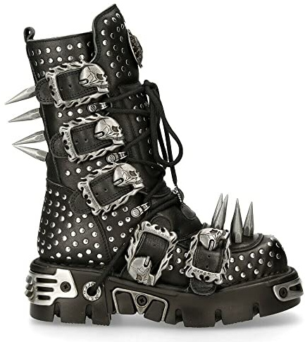 New Rock Stivali 1535-S1 Stivali con Borchie Goth in Pelle Nera Metallizzata Unisex 9