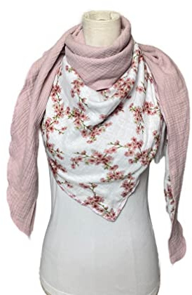Musselintuch zart rosa Kirschblüten weiss doppellagiges Mussselintuch XXL Zweifarbig Dickes Musselin Halstuch extra warm Wickelschal Tuch Dreieckstuch Baumwolle Stola Handmade Schal einlagig