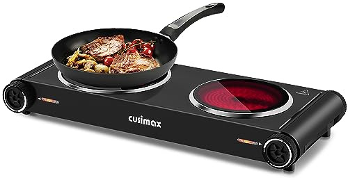 CUSIMAX Hot Plate for Cooking,1800w Double Infrared,Portable Electric Stove,Adjustable Temperature Control,Glass Plate Double Cooktop for Dorm Office Home Camp,Stainless Steel
