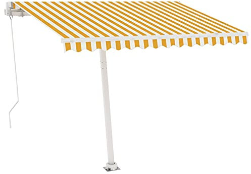 Homgoday Tenda da Sole Retrattile Manuale Tende da Sole per Balconi Tenda da Sole a Bracci Estensibili Tenda da Sole per Esterno Tenda da Sole per Esterno a Caduta LED 300x250 cm Gialla e Bianca