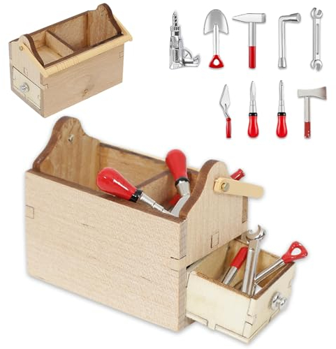 7 Stück Upgrade Holz Werkzeugkasten Miniatur Wichtel Zubehör,Miniatur Werkzeugkasten Reparaturwerkzeug Unkrautbekämpfungswerkzeug,Puppenhaus Zubehör,Weihnachtswichtel Zubehör Werkzeugkasten (U Rot)
