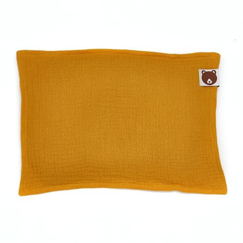 Honigbär für deine Familie | umweltfreundliches Baby Kopfkissen mit ergonomischer Mulde | atmungsaktiv und hypoallergen| inkl. senfgelben Bio-Musselin Kissenbezug Made in Germany