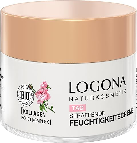 LOGONA Naturkosmetik uppstramande fuktkräm, fuktgivande ansiktskräm för naturlig lyster, med veganskt biologiskt rosextrakt och kollagen, med anti-aging-effekt, fuktlyft, 50 ml