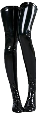 YiZYiF Damen Glanz Lack Leder Strümpfe Wetlook Halterlose Strümpfe Oberschenkel Latex Lange Socken Stockings Overknee Fetisch Dessous Schwarz Einheitsgröße