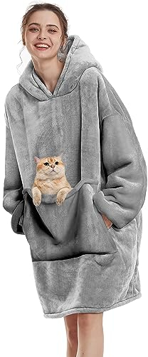 Decke Hoodie Sweatshirt Oversized,Plüsch Flauschig Kuscheldecke mit Tasche,Einheitsgröße Sherpa Kapuzenpullover für Damen Herren,Flanell Fleece TV-Decke mit Ärmel,Tragbar Ganzkörperdecke,Grau