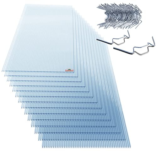 Gardebruk 14x Polycarbonat Hohlkammerstegplatten 4mm 50x Edelstahl Gewächshausklammern 10,25 m² Doppelstegplatte 1210x605 Stegplatte Gewächshausplatte