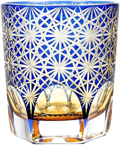 Bleifreies Kristallglas im japanischen Stil, handgefertigtes Kristallglas, Whiskyglas, Edo-Kiriko-Weinglas, Blaue und bernsteinfarbene Blumen, Chrysantheme, 277 ml