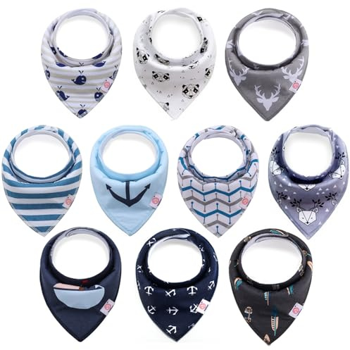 Newthinking 10 Pack Baby Dribble Bibs, Baby Bandana Bibs with Adjustable Snaps, 100% Cotton Babe Drool Bibs for 6-24 Months Newborn and Toddlers (Gray-blue)