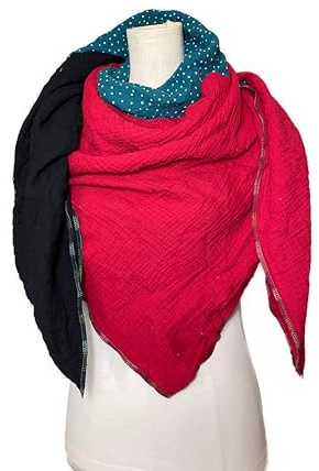 Musselintuch Rot Schwarz Petrol weiße Punkte mehrfarbiges Einzelstück 130+130 cm Dreieckstuch Halstuch Damen XXL Wickelschal Tuch Stola Handmade Schal einlagig Dicker Schal