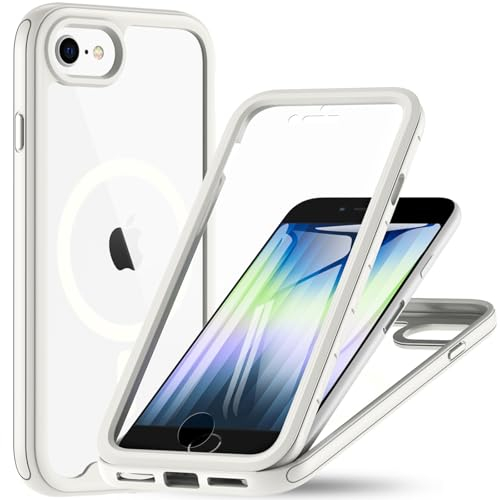 OWKEY Hülle für iPhone SE 2020/2022 (iPhone SE 2/3), iPhone 8/7 Magnetisch Schutzhülle für Mag-Safe mit Integriertem Displayschutz, 360 Grad Case Handyhülle für iPhone SE 2/3/ iPhone 8/7 (Weiß)