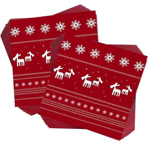 50/100 StüCk Rot Weiß Christmas Servietten Snowflakes Rentier-Schneeflocken-Motiv Servietten Deko, Winter Papierservietten Party Cocktail Merry Christmas Servietten 3ply
