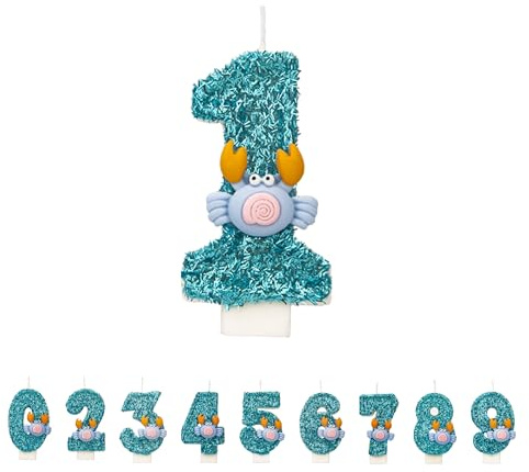 Velas de cumpleaños de cangrejo con 1 número, 3D azul, 1 vela de cumpleaños para tartas, hecha a mano, brillante, decoración para tartas de cumpleaños, perfecta para cumpleaños temáticos