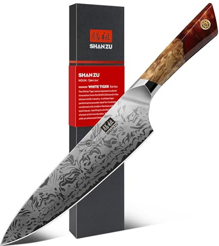 SHAN ZU Damast Küchenmesser Kochmesser, Japanisches Damastmesser aus SG2-Pulverstahl, Handgeschmiedetes Chefmesser aus 91 Schichten Damaststahl, 20CM Profi messer und Ahorngriff – WHITE TIGER Series