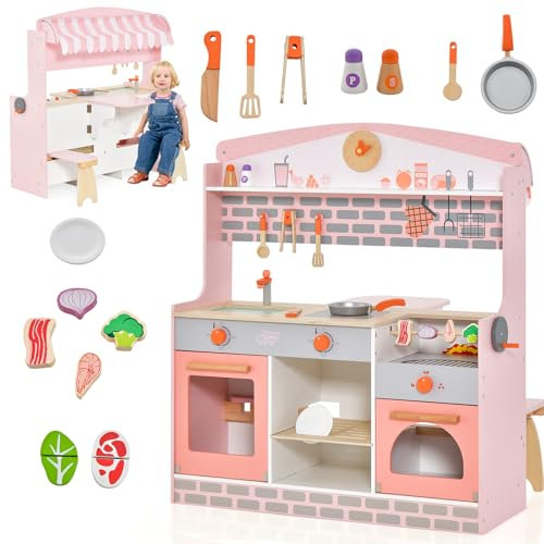 HOMASIS 2 in 1 Kinderküche mit 14 Zubehör, doppelseitige Spielküche mit klappbarem Tisch & Stühle, Spielzeugküche mit Grill Spüle Herd Ofen, Küchenspielzeugset Holzküche für Kinder ab 3 Jahre, Rosa