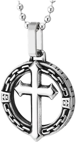COOLSTEELANDBEYOND Acciaio Inossidabile Croce Ciondolo Collana da Uomo, Gotico Templare Cavaliere Medaglione con Catena Bordo, Religioso