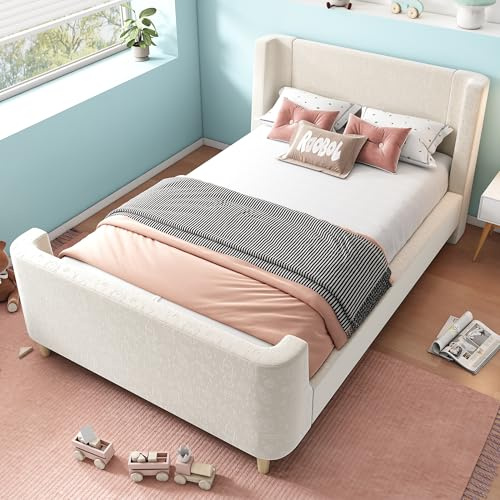 Letto imbottito per bambini, letto singolo, 90 x 200 cm, con testiera e pediera, struttura del letto con rete a doghe in legno, letto per ragazzi e ragazze, in velluto, senza materasso (beige)