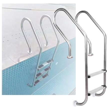 Swimming Pool Ladder,2 Steps Swimming Pool Stainless Steel Pedal Step with Curved Handrails,Swimming Pool Stairs for Indoor Outdoor Pool(Drilling,2-Steps1.2mm)
