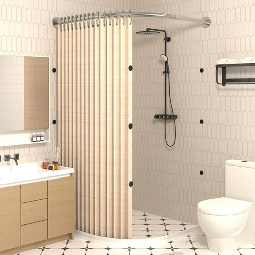 zenggp Gebogenes Duschvorhang-Set Mit Duschvorhangstange Und Wasserrückhaltestreifen, Magnetischer Saugnapf Und Wasserdichtem Design, Für Kleine Badezimmer(X（90-100）× Y（90-100）,Beige + Silver)