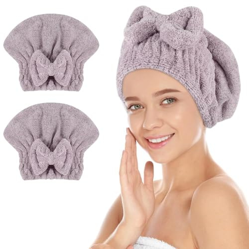 Sunland 2 Stück Mikrofaser Handtuch Haare Kopfhandtuch Lila | Super saugfähig Haarturban Schnelltrocknend Haartuchwickel Anti Frizz Haarhandtücher für Damen & Mädchen 28 x 34 cm