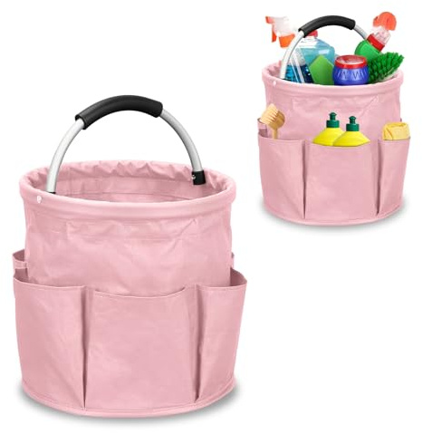 Cleaning Caddy Organiser with Handle 17L Cleaning Bag Collapsible Tool Bag | Cleaning Products Organiser, Cleaning Caddy Multi Pocket Foldable Cleaning Bucket for Picnic Bath Shopping (Pink)