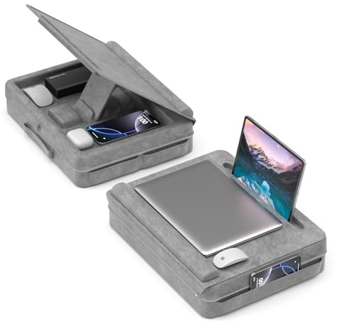 KDD Laptopkissen Schoß mit Aufbewahrung, Laptop Tisch für Bett/Sofa/Couch, Verstellbarer Laptop Unterlage mit Tablet-/ Handy Halter, Knietablett mit Kissen für Zuhause Büro Abreiten Reisen