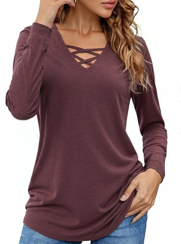 Totatuit Camiseta Mujer con Escote en V Blusa de Algodón Suelta y Cómoda para Diario Oficina u Ocio Rojo Vino，L