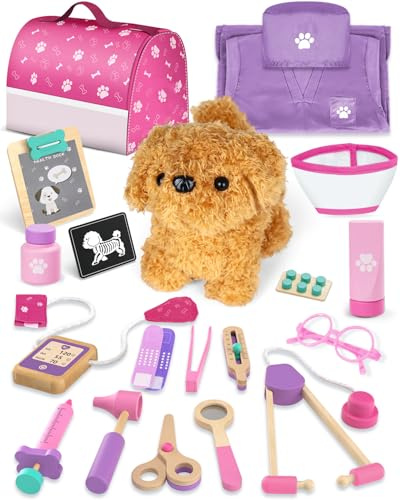 Malette de médecin pour enfants en bois, jouet de vétérinaire pour enfants, mallette de docteur avec vêtements et chapeau, kit de jeu de rôle de médecin, cadeau pour filles de 3 ans (Rose)