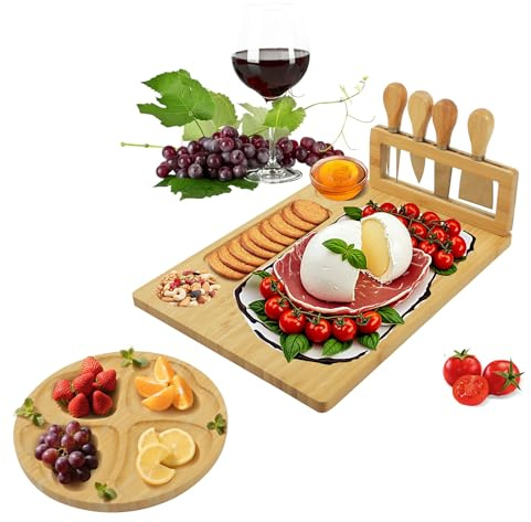 Tabla de Quesos y Bandeja Redonda Frutas, Tabla para Picoteo con 4 Cuchillos, set Tabla Quesos, Tabla Aperitivos Bambú para Familia, Cumpleaños, Aniversario, Boda, Navidad, Inauguración de Casa