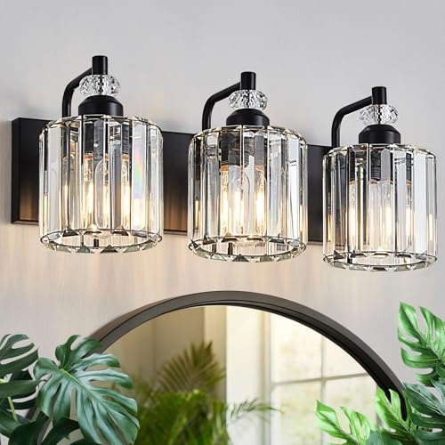 Zqoyn 3-Light Black Bathroom Light Fixtures Over Mirror Modern Vanity Lights Crystal Wall Sconce Vintage Bathroom Lighting with Crystal Shade E26 Base for Bedroom, Living Room, Hallway