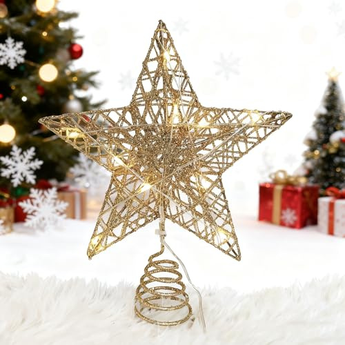 YushengTai Weihnachtsbaumspitze,Christbaumspitze Stern 20cm mit LED Beleuchtung - Glitzer Christbaumspitze in Gold für Tannenbaum - Beleuchteter Stern Topper- Festliche Weihnachtsdekoration