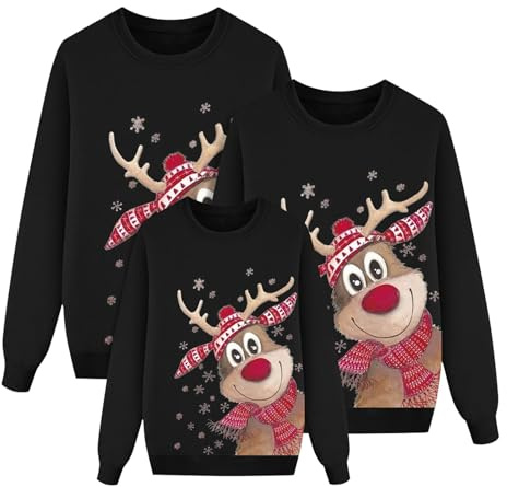 Sobzia Weihnachtspullover Familie Set Damen Herren Kinder Ugly Christmas Sweater Lustige Weihnachtspulli Hässliche Rentier Muster Weihnachtsoutfit Pärchen Weihnachts Pullover Sweatshirt Schwarz L