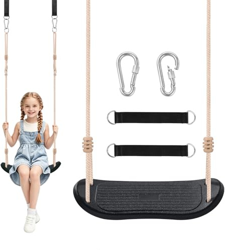 Fionrziy Ergonomische Schaukel,Höhenverstellbare Kinderschaukel bis 120kg für Outdoor,Wetterfester & Rutschfester Schaukelsitz,inkl.Baumgurten & Karabiner für Kinder ab 3 Jahren,Schwarz