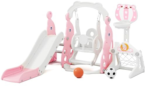 67i Toddler Slide Swing Set Indoor Playground for Kids 1-3, Multi-Activity Play Center Basketball Adjustable Height Safe Plastic (Pink)