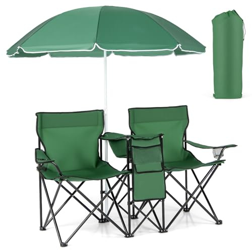 COSTWAY 2 Sillas de Camping con Sombrilla, Sillas Playas Plegables Doble, Portavasos, Bolsa Nevera, Bolsilla Lateral, Bolsa Transporte, Exterior Picnic Senderismo Barbacoa, 160x56x178cm (Verde oscuro)