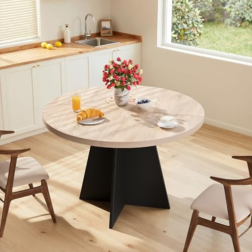 MSFE Tavolo da Pranzo Rotondo,Industriale Rotondo con Base a Colonna in Legno Nero per 4 Persone per Cucina di Casa Soggiorno,Tavolo da Pranzo Marrone,Tavoli Rustici per Tempo Libero,100 * 100 * 75cm