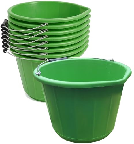 10x Heavy Duty Green Plastic Builders Buckets 3 Gallon 14 Litre Water Mixing Storage Strong with Handle and Spout Ideal Made in U.K.