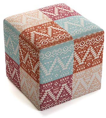 VERSA 21350162 Hocker Sitzwürfel Shikar, Polyester und Holz, Orange, Blau/Rot, 35 x 35 x 35 cm
