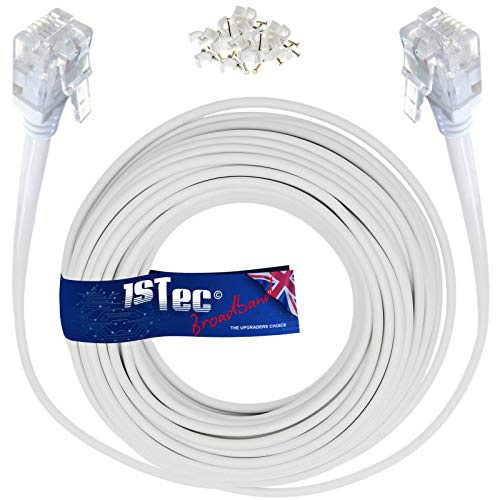 1STec 20M ADSL2+ Super High Speed Cat5e RJ11 Broadband Hub Internet Extension Cable for BT Infinity Sky Q Talktalk Plusnet EE Vodafone Post Office Router on Fibre or Standard Services 20 Metre White