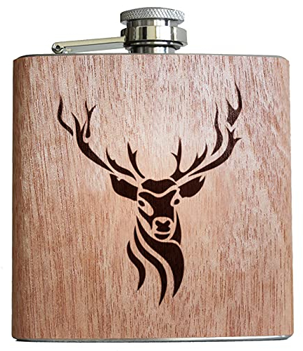 Flachmann Hirsch 6oz | Mit Holz Ummantelung & Gravur. Geschenk Idee für Jäger Jägerinnen Förster Jagd Männer Geweih