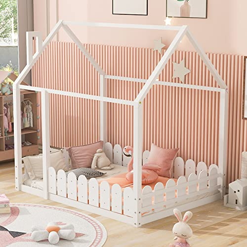 Full Size House Floor Bed,Wooden Montessori Bed Frame with Fence and Roof for Kids,Playhouse Full Beds with Full Length Safety Guardrails Without Slats for Boys Girls,Easy Assembly,White