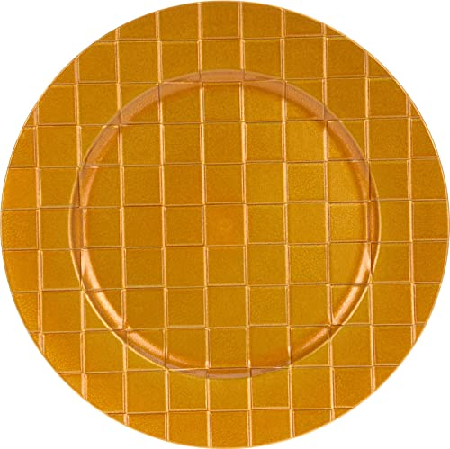 Rammento 4-Pack 33cm Round Gold Plastic Charger Plates | Large Side Plates, Christmas Dinner Placemats Set for 4 | Reusable Festive Tableware Underplates, Weave-Effect Table Protectors, Wedding Plates