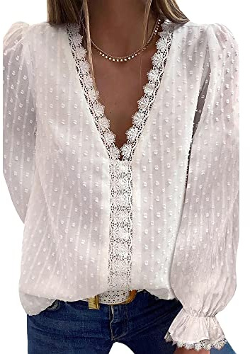 Coloody Blusa con Cuello en V para Mujer Camisa de Encaje Informal Manga Larga Túnica de Color sólido Tops(Blanco) M