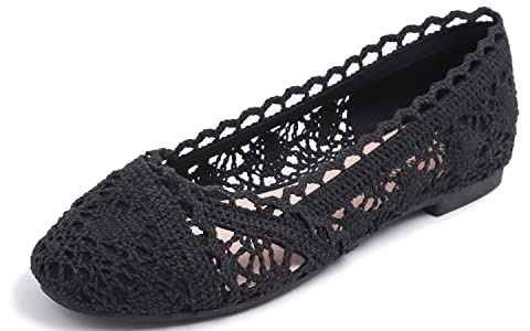 Feversole, runde Spitze, Ballerinas, Häkelschuhe, flach, bequem, atmungsaktiv, Schwarz (Schwarze Spitze), 37 EU