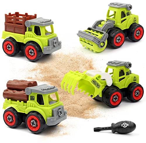 deAO Ensemble de 4 Jouets pour Machines agricoles Vert, Camion de Transporteur Voiture Jouet Camion Mini véhicules pour Enfants, Jouet Éducatif, Véhicules d'assemblage de Bricolage et Tournevis