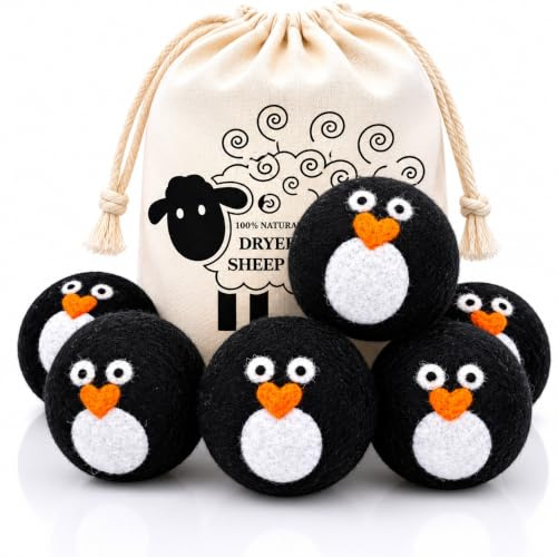 Pack of 6 Wool Dryer Balls, Muulaii Reusable Fabric Softener, Extra Large, Black Penguin