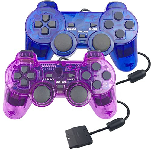 Hovlian 2 Pack PS2 Wired Controller,Double Shock Gamepad Compatible with PS2 Controller (Clear Blue and Clear Purple)