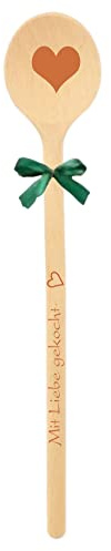 teemando® Marken-Kochlöffel aus Holz mit Lasergravur Motiv Herz – Mit Liebe gekocht - und Schleife, Handmade aus Deutschland, Grillen, Kochen, Familie, Geschenkidee, Weihnachten
