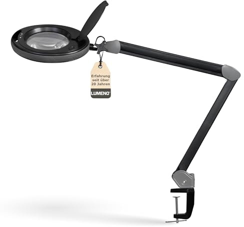Lumeno dimmbare LED Lupenleuchte 8513SW mit großer 152 mm Echtglaslinse, einstellbare Helligkeitsstufen, geeignet als Arbeitsleuchte, Lupenlampe, Lesehilfe, 3 Dioptrien Schwarz