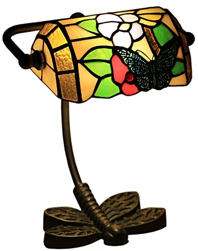 errzom Mini Small Banker Lamp Tiffany Office Desk Lamp Stained Glass Table Lamp Luxury Memory Adjustable Accent Piano Reading Lamp for Living Room Bedroom Library Dragonfly Cast Iron Base,Butterfly